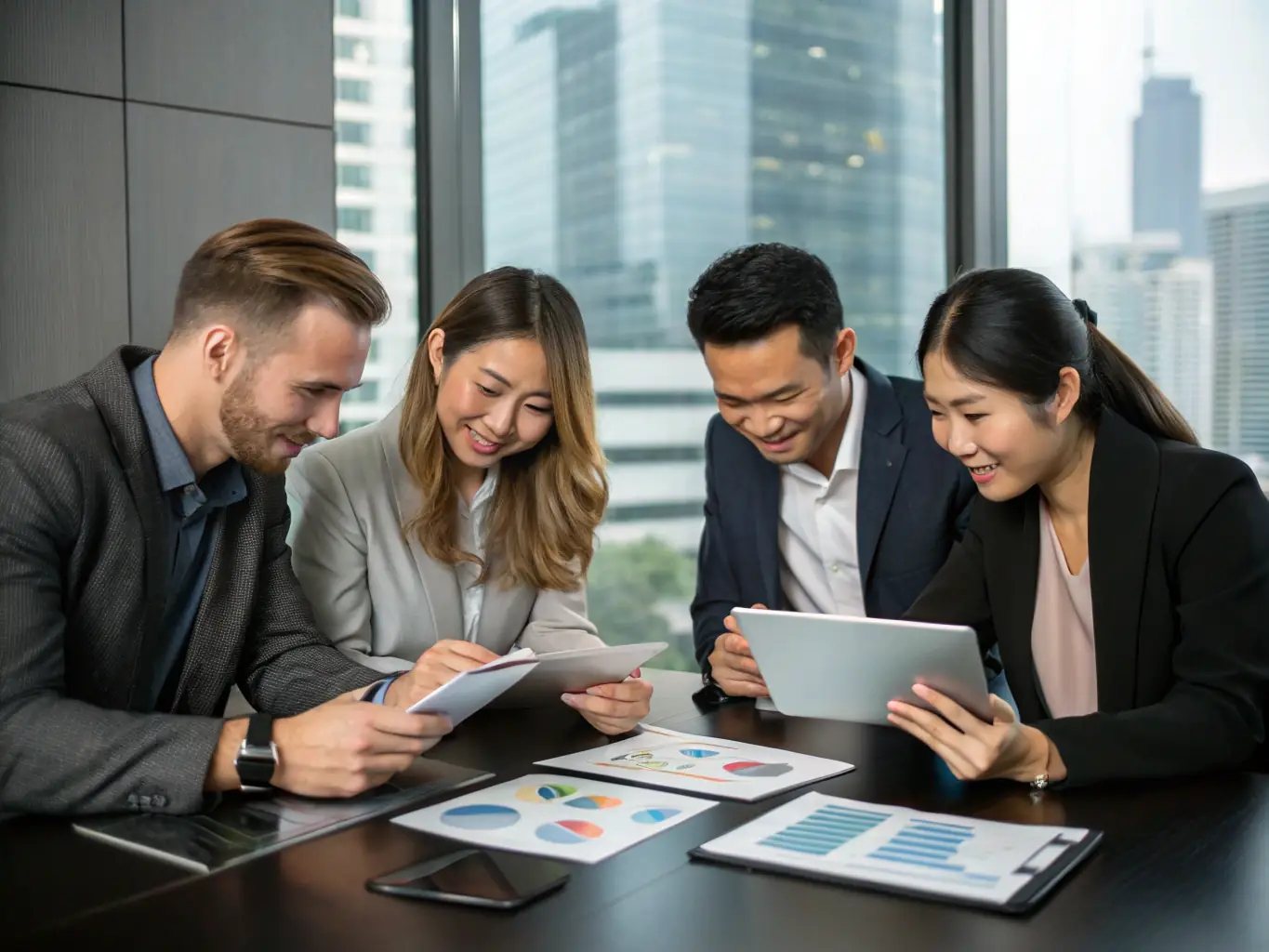 An image of a team of consultants collaborating over digital charts and strategy plans on a modern conference table, representing KingSynergy's Digital Strategy & Consulting service.