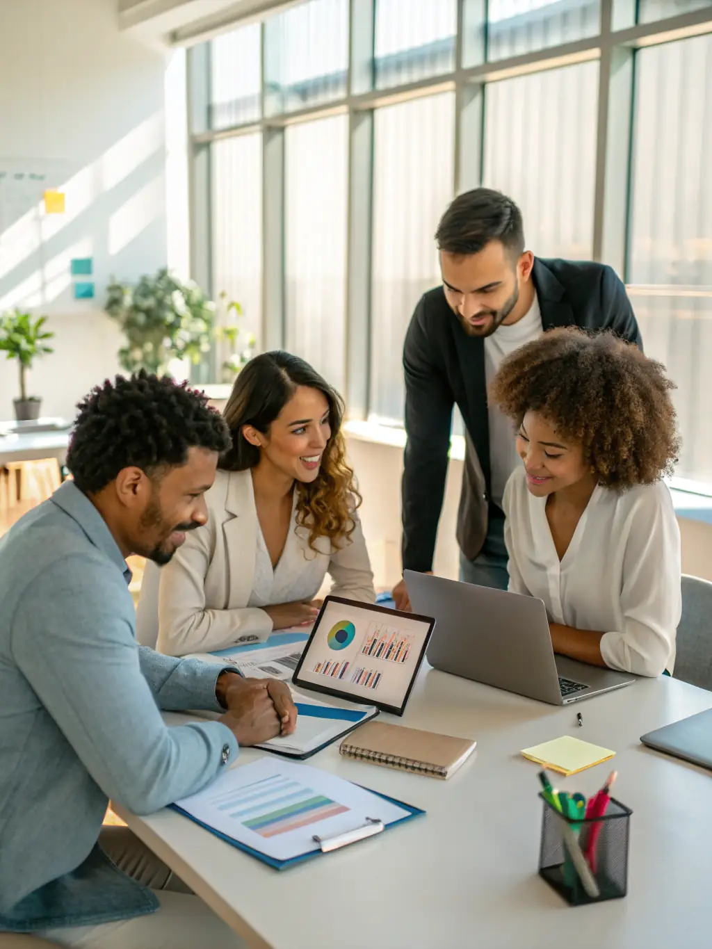 An image of a team of consultants collaborating over digital charts and strategy plans on a modern conference table, representing KingSynergy's Digital Strategy & Consulting service.