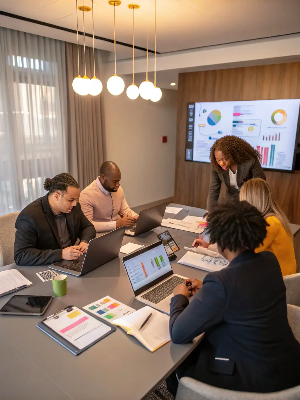 A professional photograph of a team brainstorming around a whiteboard filled with digital marketing strategies, showcasing collaboration and strategic planning.