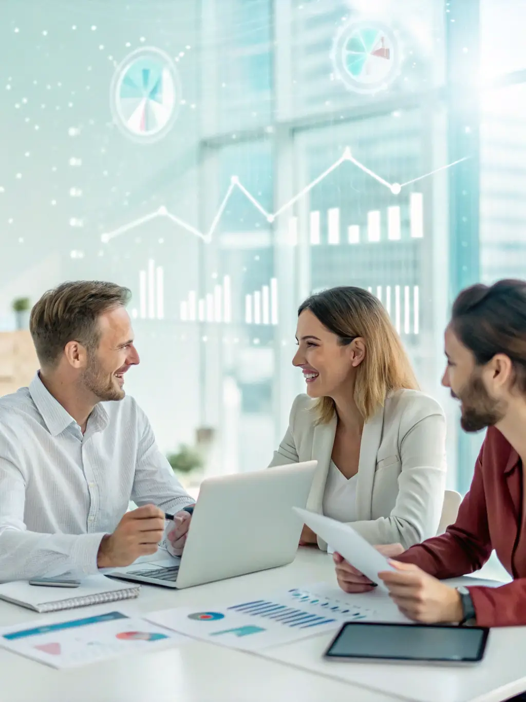 An image representing strategic digital consulting, showing a team brainstorming with digital projections and charts, symbolizing expert guidance.